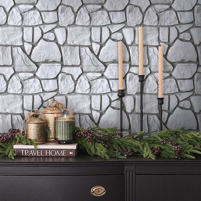 COMSTICKC 3D Wall Panels,Faux Gray Stone Peel and Stick Wall Panels,10 Pcs of 12"X12",Ultra-Light Thin PVC Whitewash Adhesive Irregular Rocks Stone Backsplash Interior Decor,Paintable Decorative Tiles - Image 2